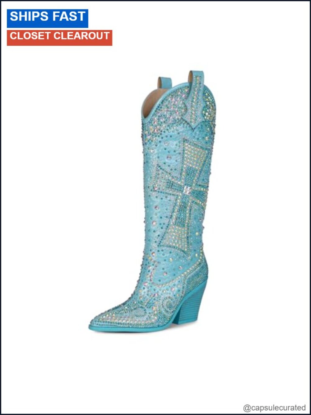 Rhinestone Western Cowgirl Knee High Boots Faux Leather Pointed Toe Block Heel